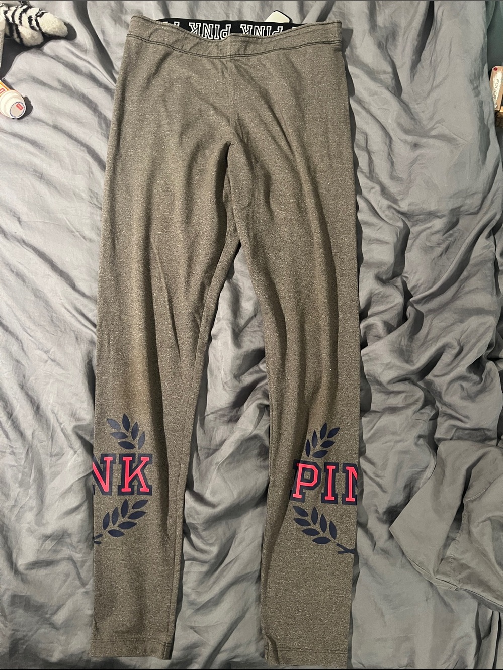 PINK Victoria's Secret Charcoal Gray Leggings with red & blue logo